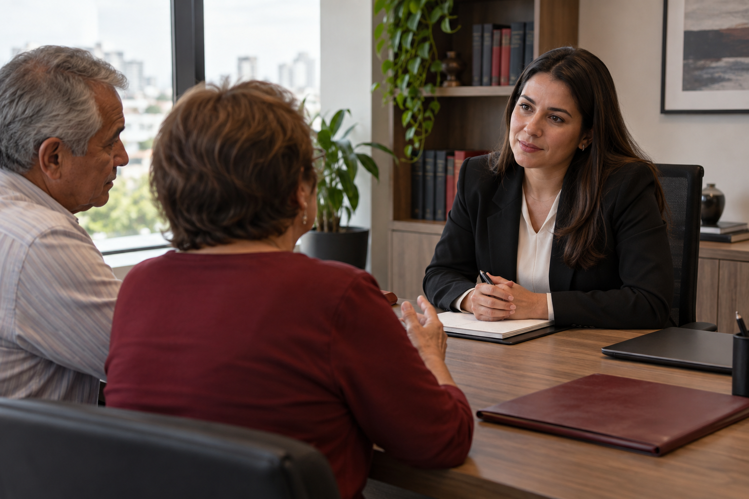 Profissional conversando com um casal durante um atendimento previdenciário.