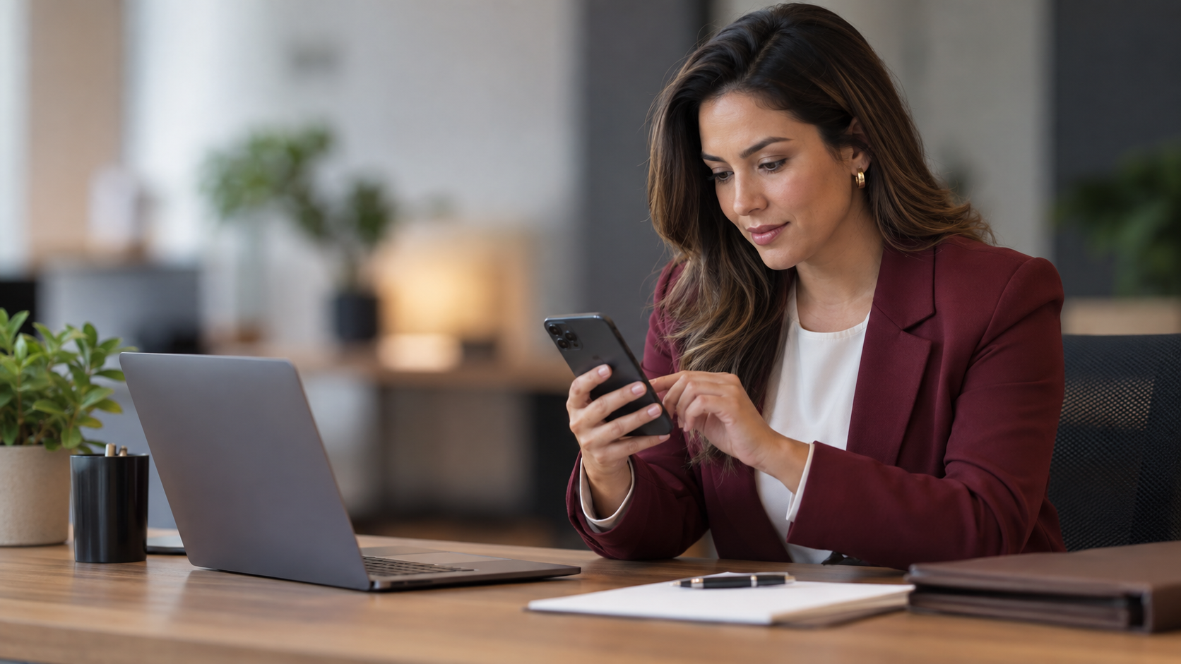 Profissional da equipe respondendo mensagens de atendimento pelo celular ao lado de um notebook.