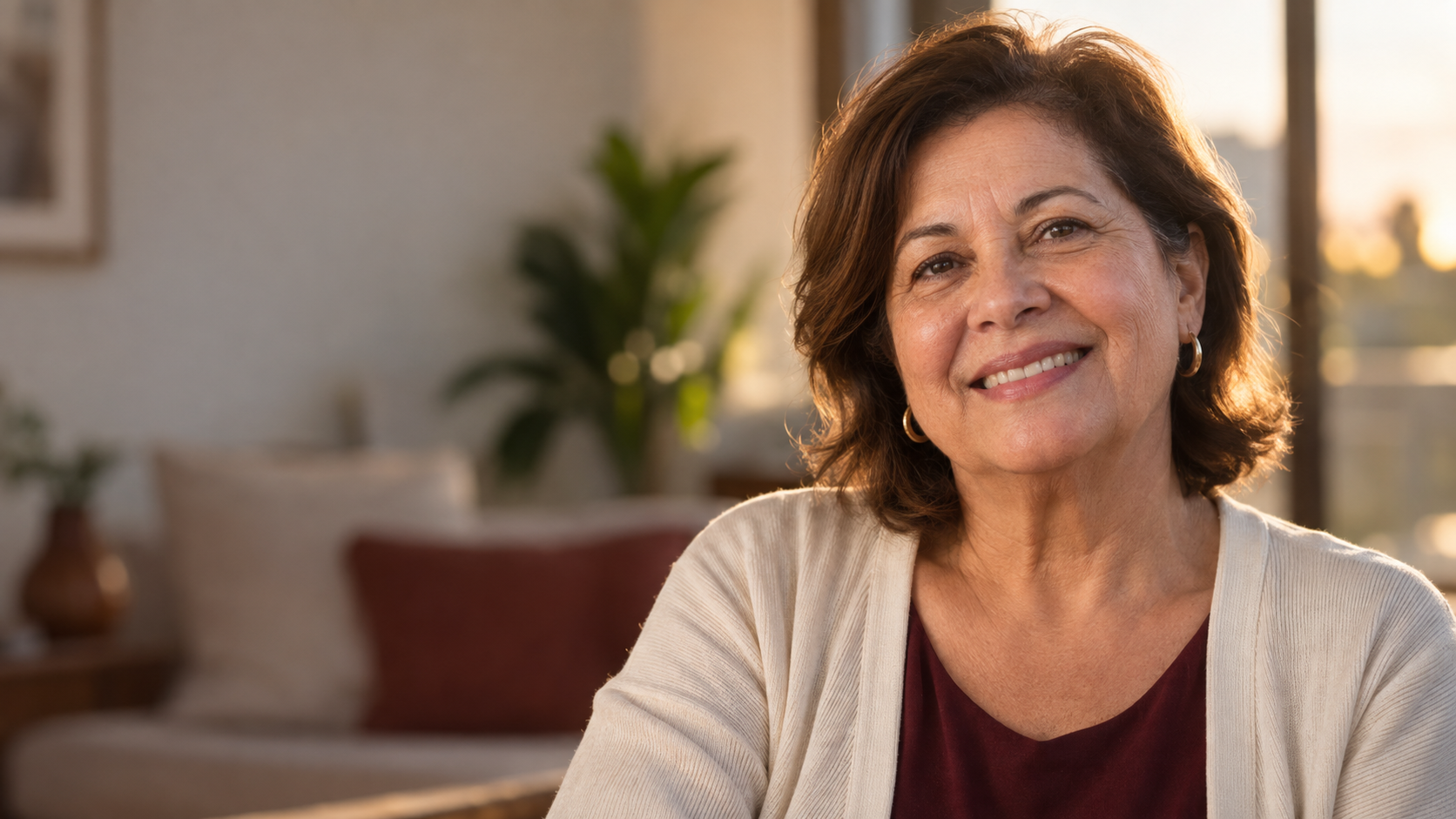 Mulher madura sorrindo com expressão tranquila e acolhedora.