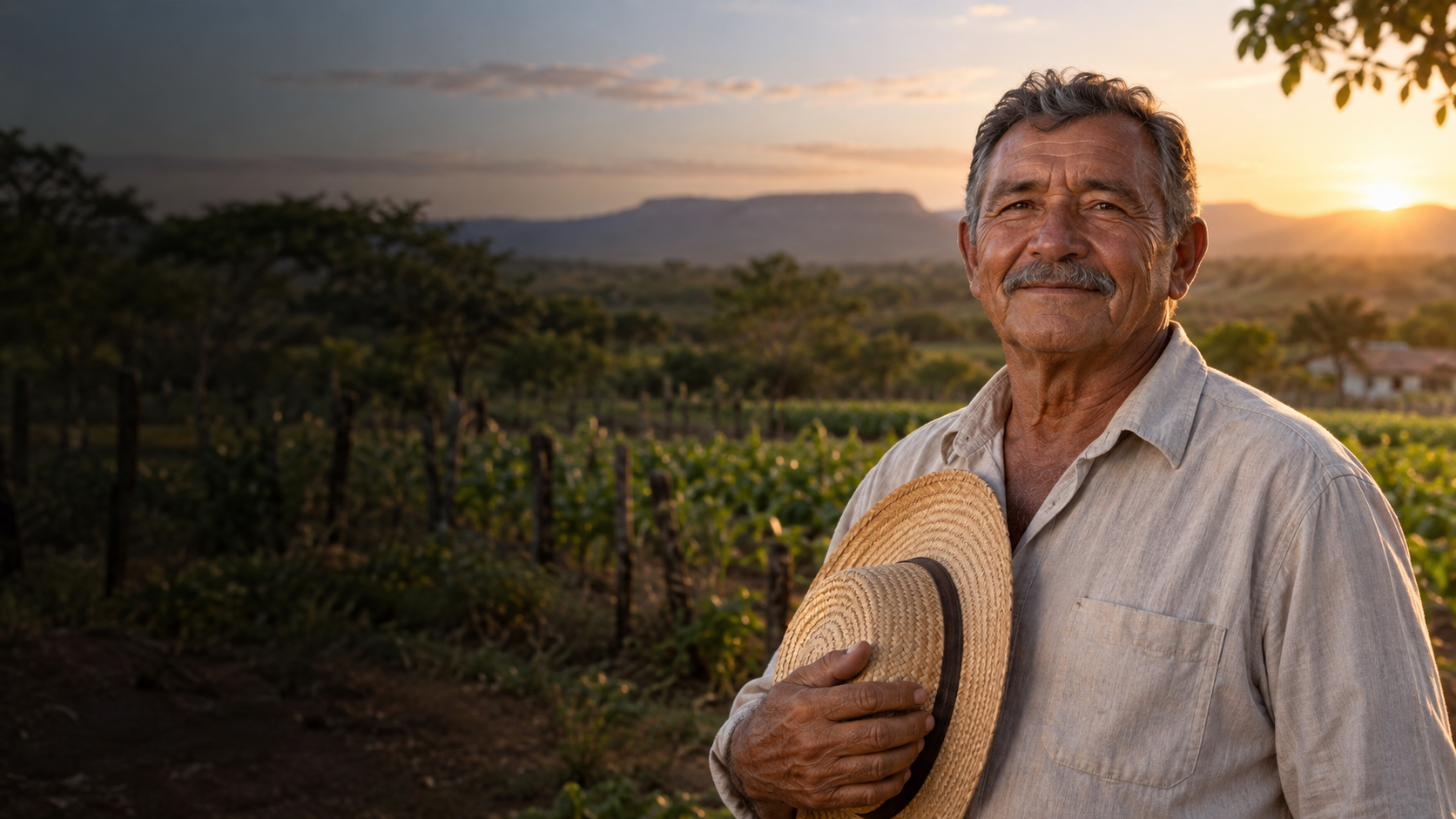 Trabalhador rural maduro segurando um chapéu diante de uma paisagem do campo ao amanhecer.